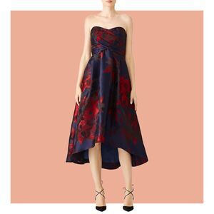 Shoshanna Floral Dawn High Low Sweetheart Strapless Midi Evening Gown Prom Dress